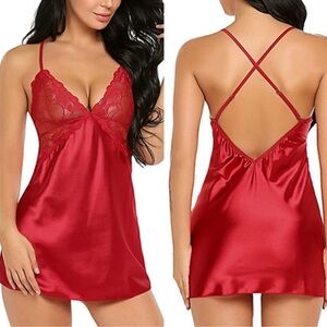NWT Red Satin Lace Mini Chemise Night Gown Lingerie